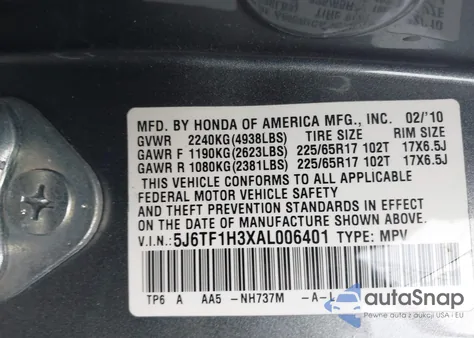 2010 Honda Accord Crosstour Ex from USA, damaged, VIN 5J6TF1H3XAL006401